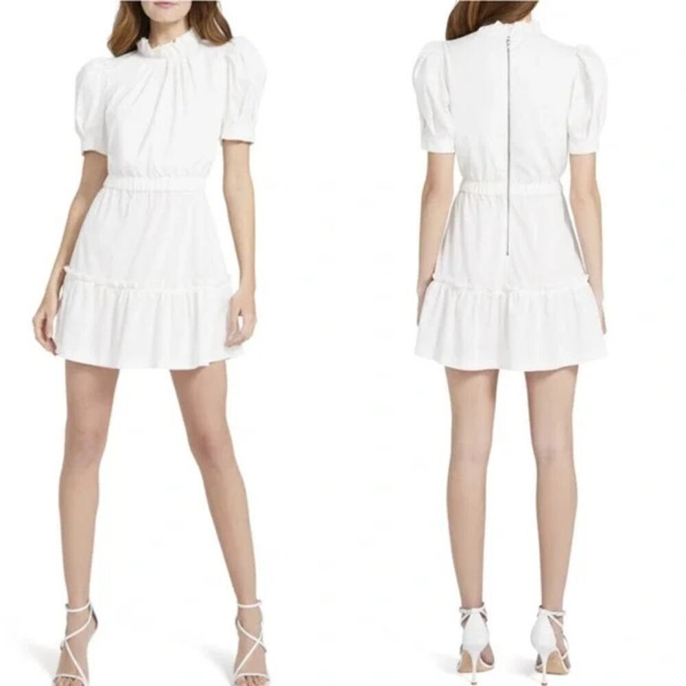 ALICE + OLIVIA Vida Puff Sleeve Mini Dress White Size 8 High Neck Elegant Classy